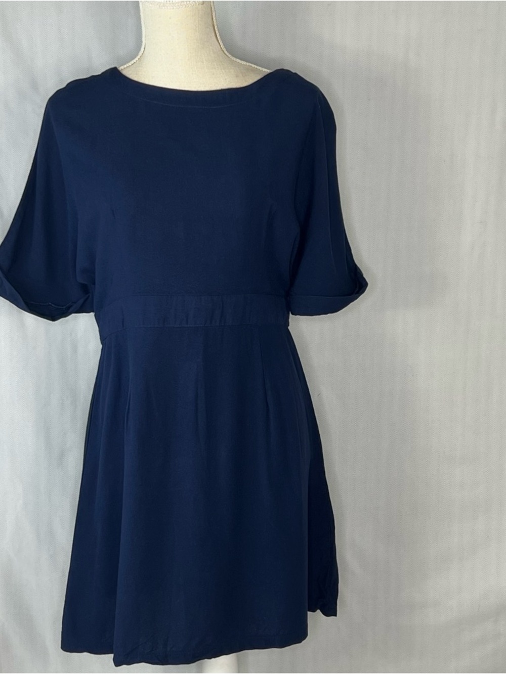 She + Sky Dress Navy Blue Cotton Blend Cuffed Short Sleeves Open Back L 👍